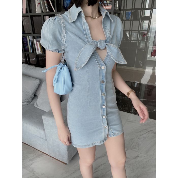 HANNAH BOW DENIM BODYCON DRESS-M