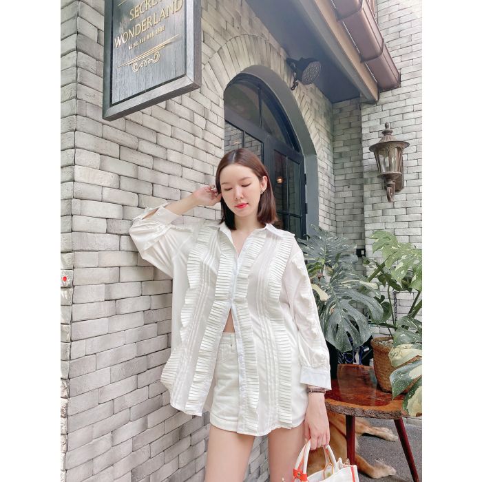 SPECIAL OFFER * RIBBON PLEATED OVERSIZED SHIRT-WHITE