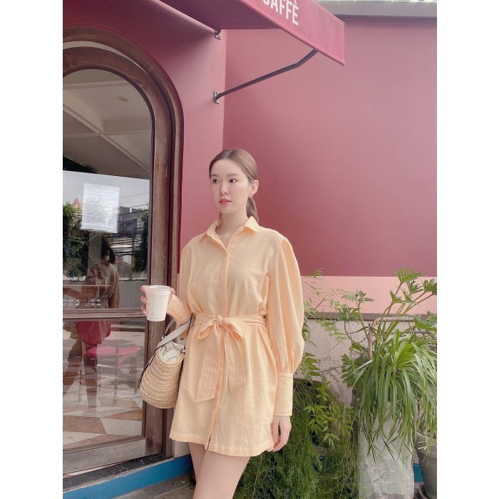 GRAZIA TIE WAIST LINEN SHIRT DRESS-ORANGE