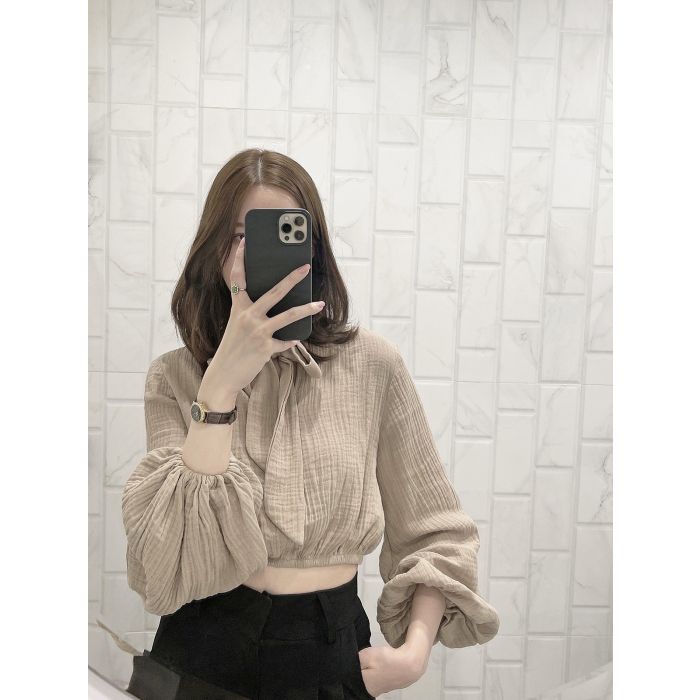 ALYNN CUSTARD BOW CROPPED BLOUSE-TAUPE