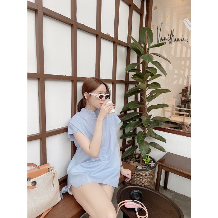 IRIS SLEEVELESS COTTON BLOUSE-BLUE