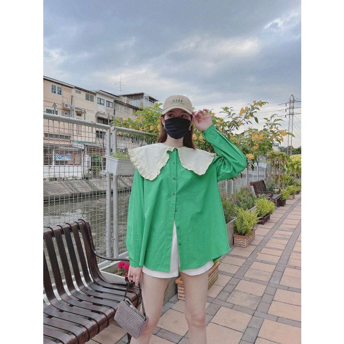 NEON OVERSIZED COLLAR COTTON BLOUSE-GREEN