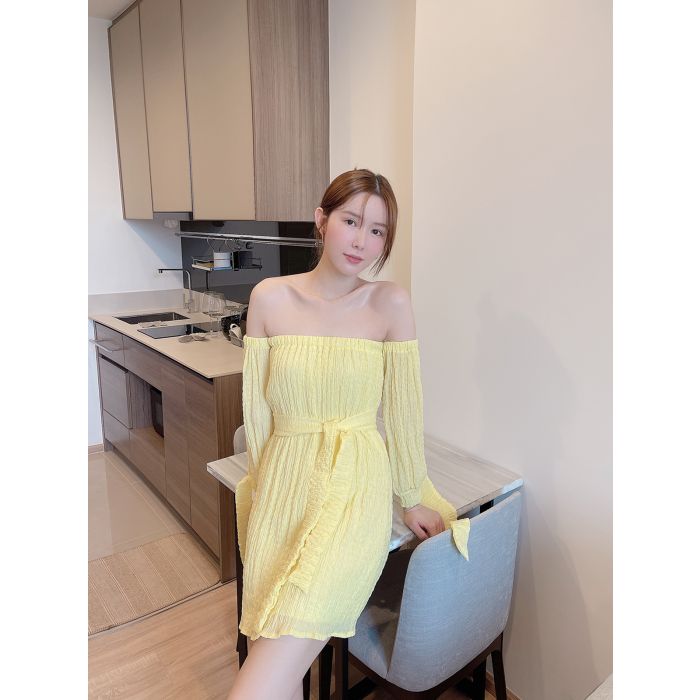 MOJITO BOW SLEEVE OFF SHOULDER DRESS-YELLOW