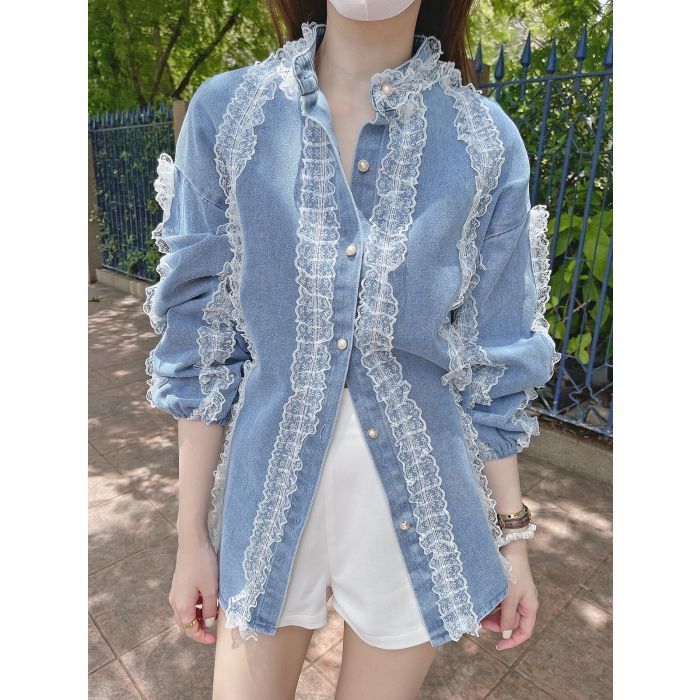 GEORGIA LACE RIBBON OVERSIZED DENIM TOP-BLUE