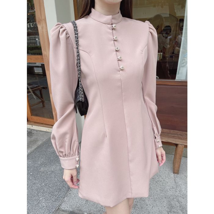 CATHEDRAL PEARL BUTTON LONG SLEEVE DRESS-NUDE-M