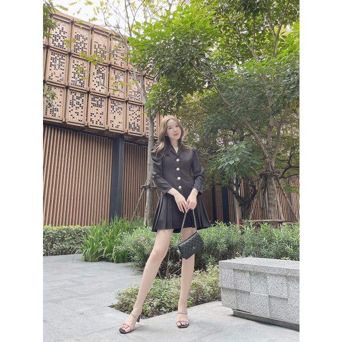 SPECIAL OFFER * TRAVERTINE PLEATED BLAZER DRESS-BLACK-S