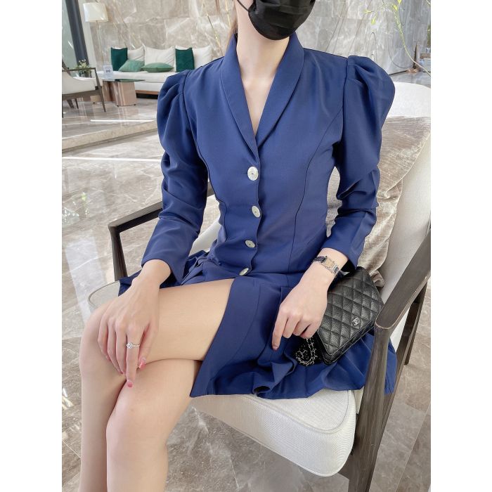 TRAVERTINE PLEATED BLAZER DRESS-NAVY-M