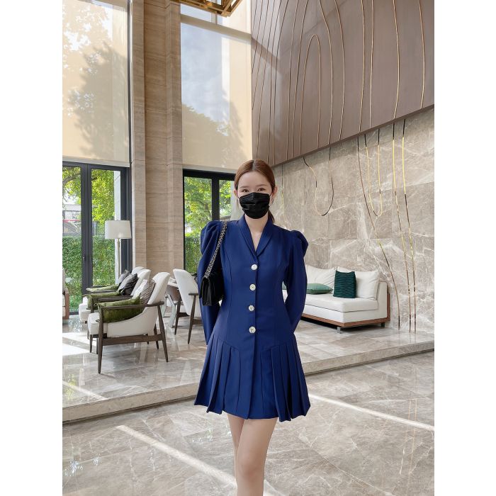 TRAVERTINE PLEATED BLAZER DRESS-NAVY-L