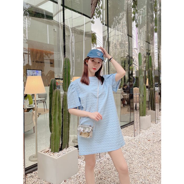 HOUNDSTOOTH EMBOSSED OVERSIZED DRESS-BLUE