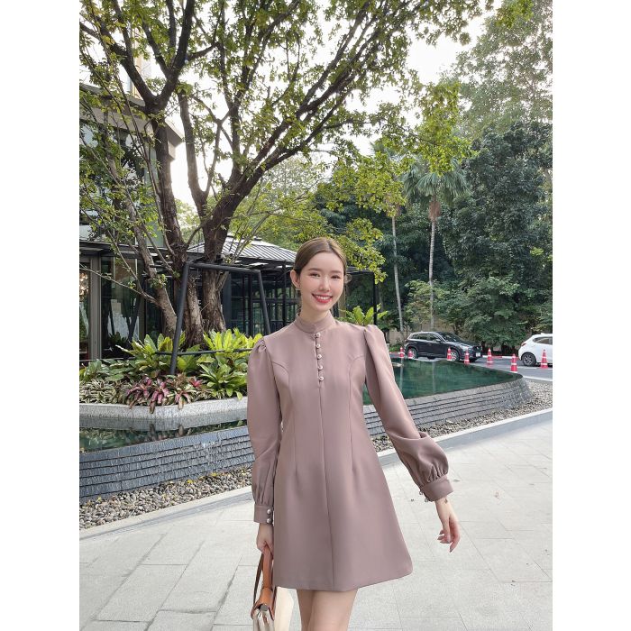 CATHEDRAL PEARL BUTTON LONG SLEEVE DRESS-TAUPE-S