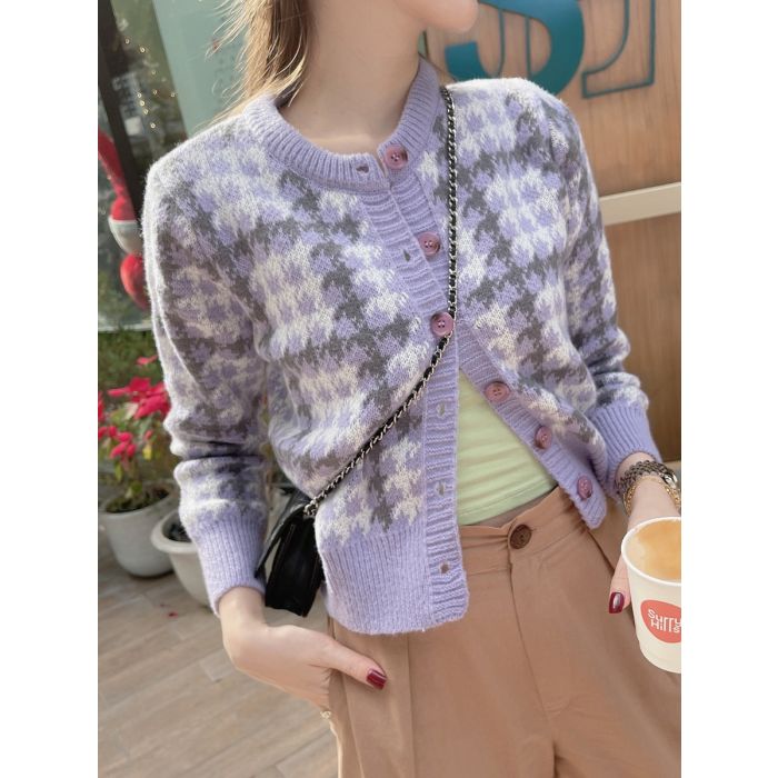 SHELBY HOUNDSTOOTH KNIT CARDIGAN-LAVENDER