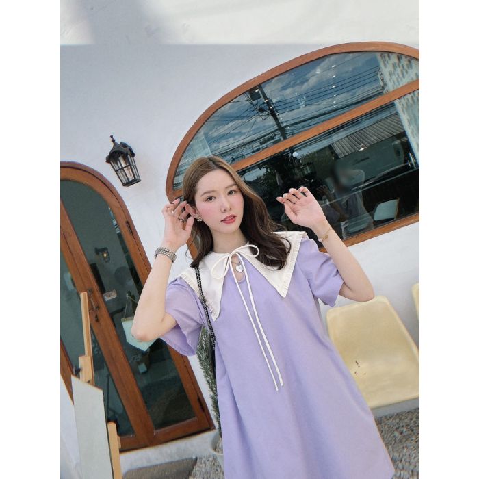 PUDDING BOW OVERSIZED COLLAR DRESS-BLUEBERRY