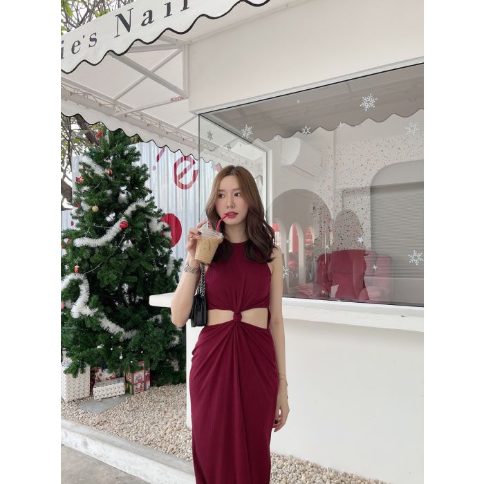 CREED TIE WAIST RIBBED MIDI DRESS-BURGUNDY