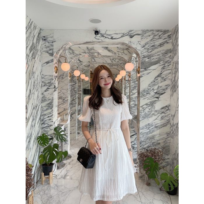 CRUNCHY TIE WAIST CHIFFON DRESS-WHITE-S