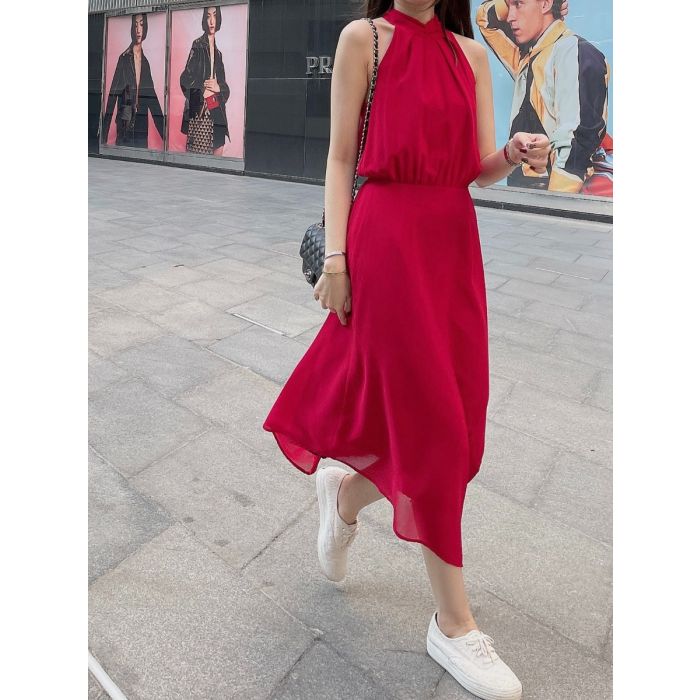 HAZEL BOW BACK CHIFFON MIDI DRESS-RED