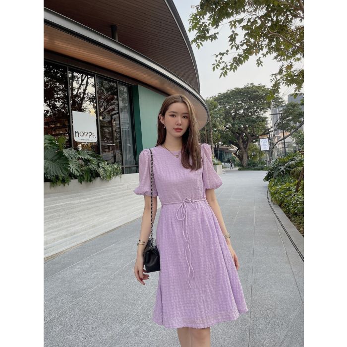 CRUNCHY TIE WAIST CHIFFON DRESS-LAVENDER-S