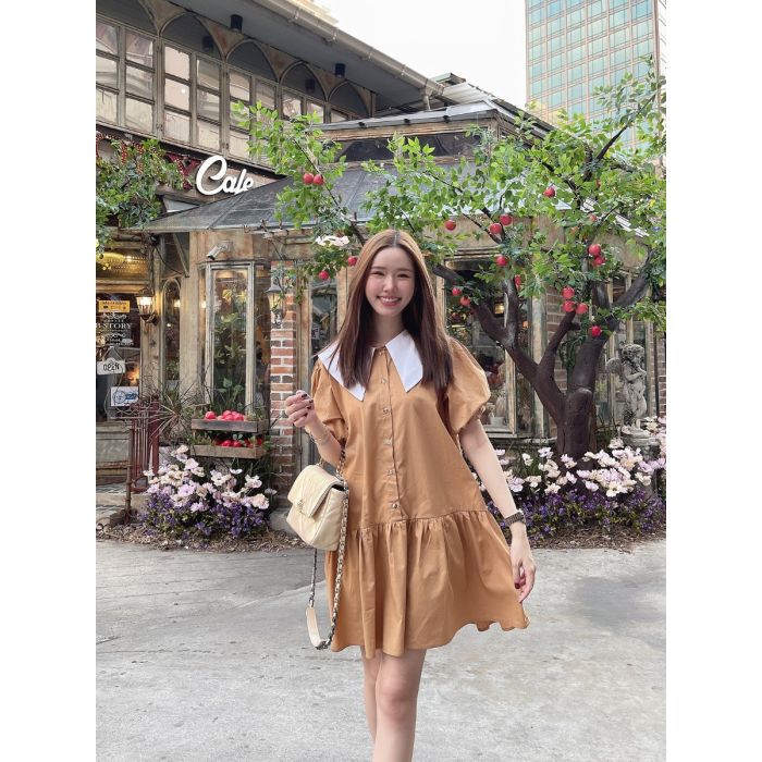 ABBY PLAIN COLLAR COTTON DRESS-TAN