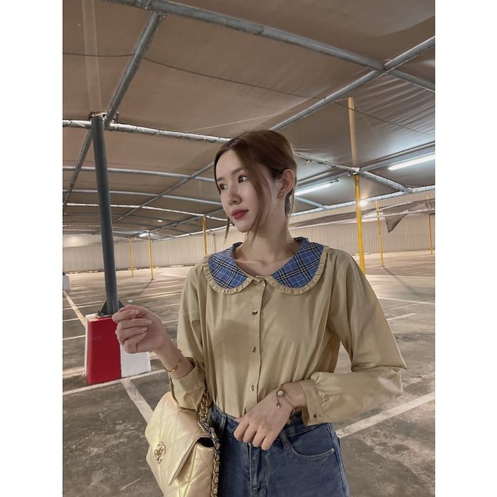 TEDDY PLAID COLLAR COTTON BLOUSE-BEIGE