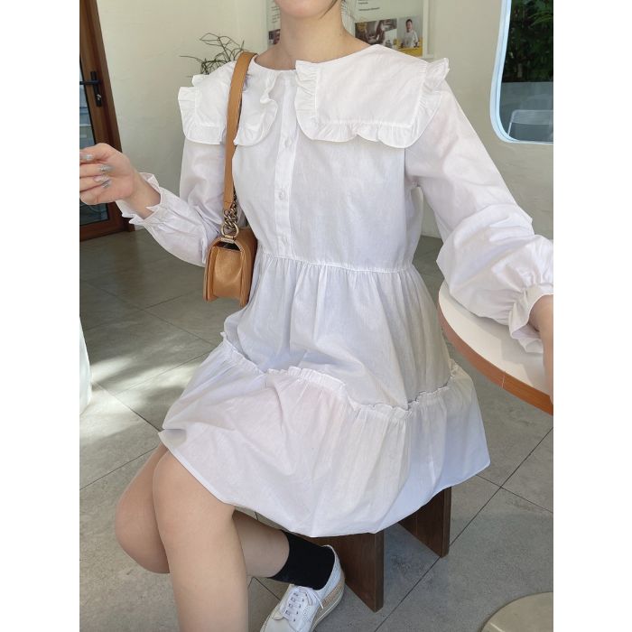 PANCAKE SQUARE COLLAR OVERSIZED COTTON DRESS-WHITE