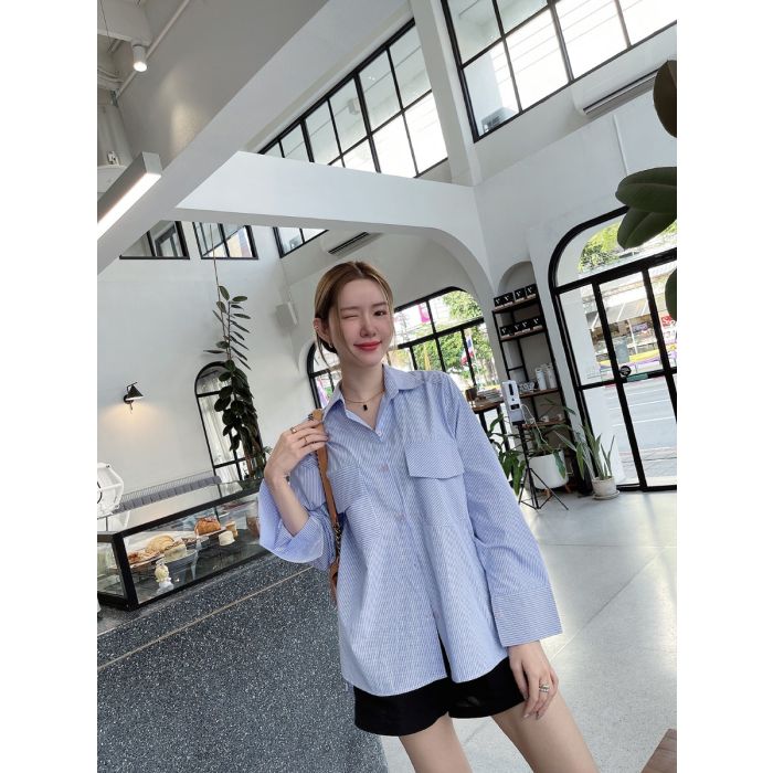 SUNDAY POCKET STRIPED OVERSIZED SHIRT-SKY