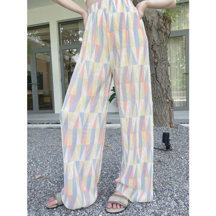 TRIANGLE MULTICOLOUR PLEATED SATIN PANTS-YELLOW