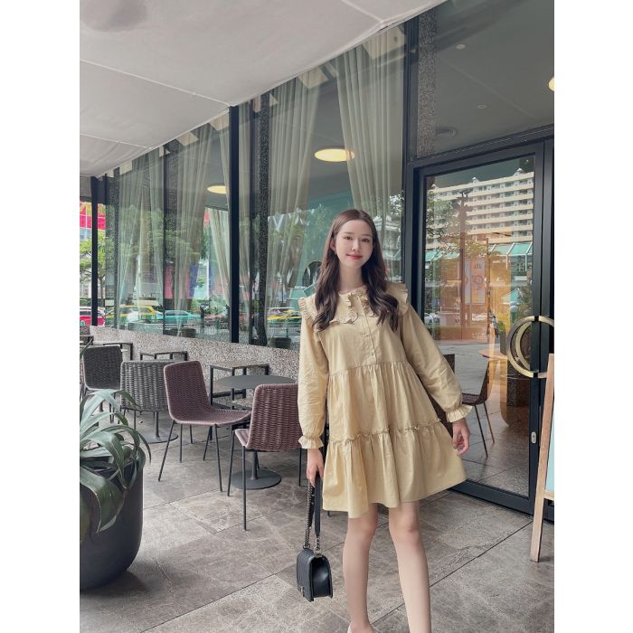 PANCAKE SQUARE COLLAR OVERSIZED COTTON DRESS-BEIGE