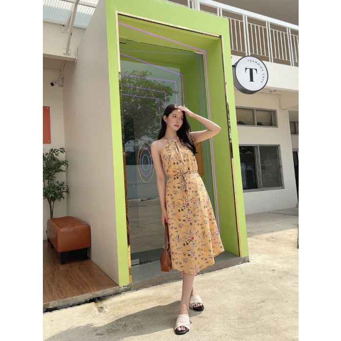 SICILY PRINTED COTTON TIE WAIST DRESS-MUSTARD-S