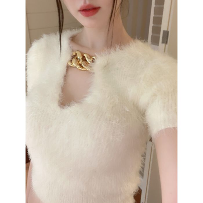 FLUFFY DEEP NECK KNIT TOP-VANILLA