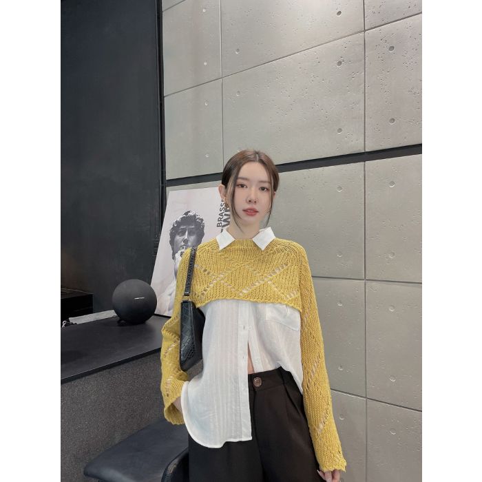 RENA TIE BACK SUPER CROP SWEATER-MUSTARD