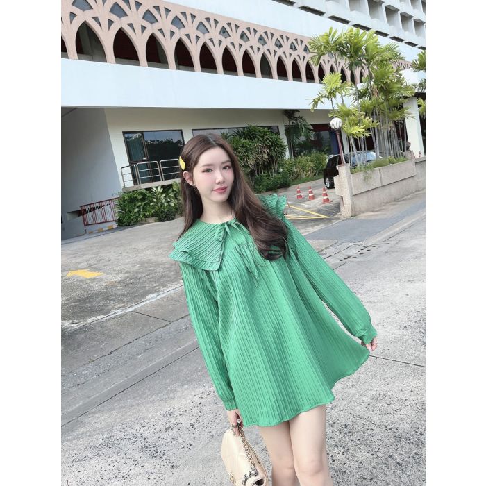 MERRY BOW COLLAR OVERSIZED DRESS-GREEN