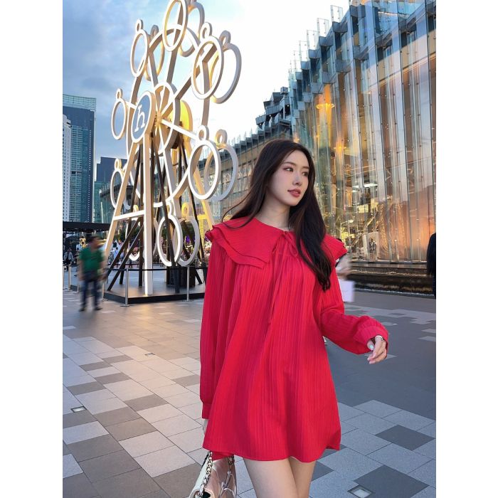 MERRY BOW COLLAR OVERSIZED DRESS-RED