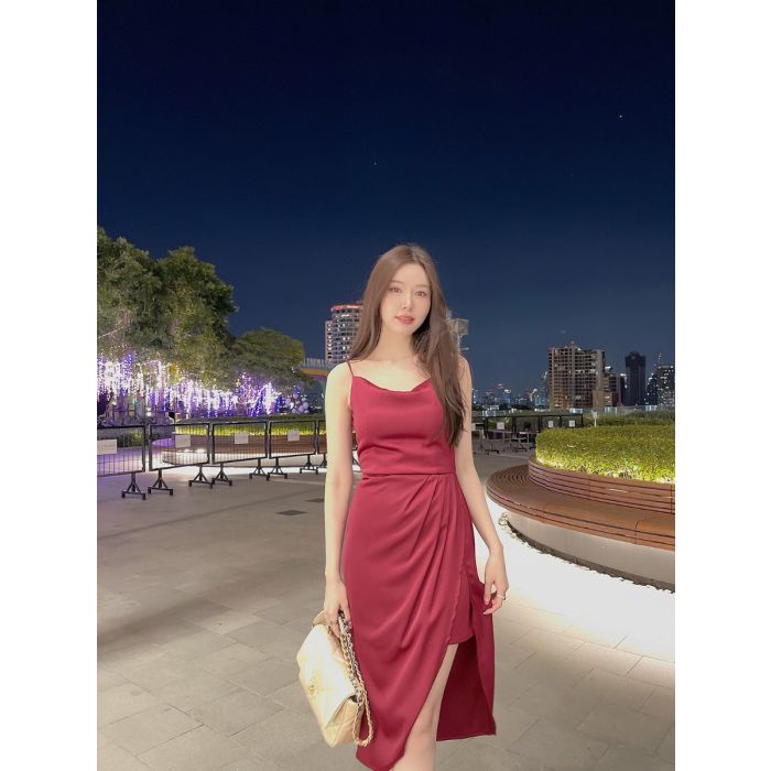 SENSUAL DRAPED TIE BACK SATIN DRESS-BURGUNDY-S