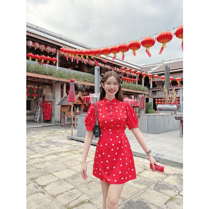 LUNAR HEART PRINT DOLL SLEEVE DRESS-RED