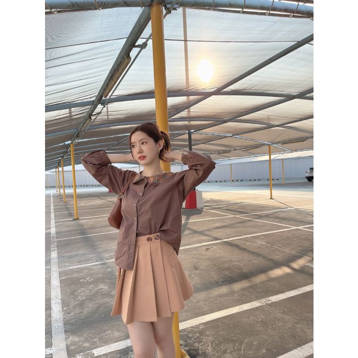 TEDDY PLAID COLLAR COTTON BLOUSE-BROWN