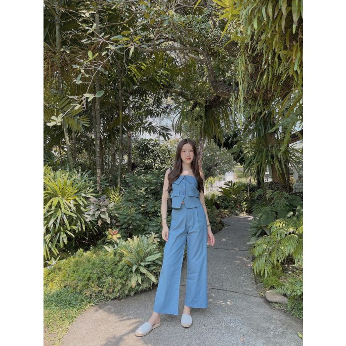 GISELLE DENIM TUBE & PANTS SET-BLUE