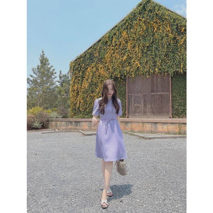 STRIPED CRUNCHY  TIE WAIST DRESS-LAVENDER-S