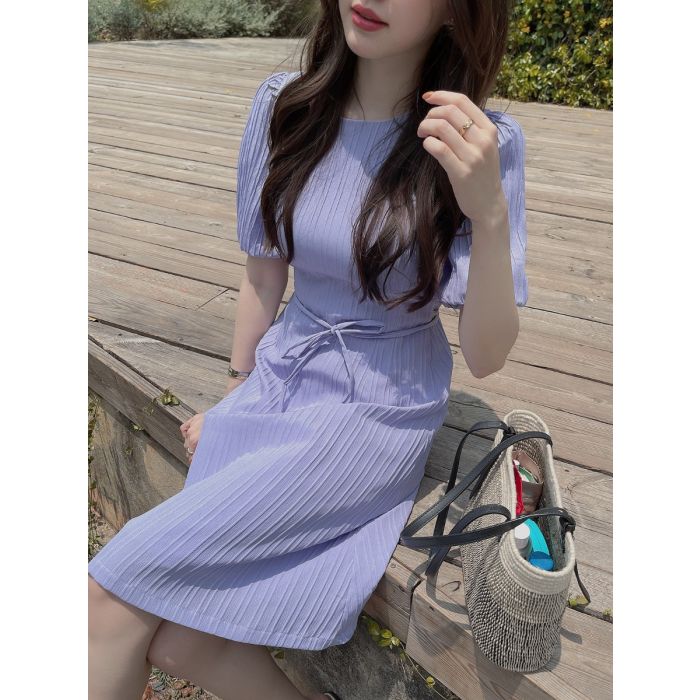 STRIPED CRUNCHY  TIE WAIST DRESS-LAVENDER-L