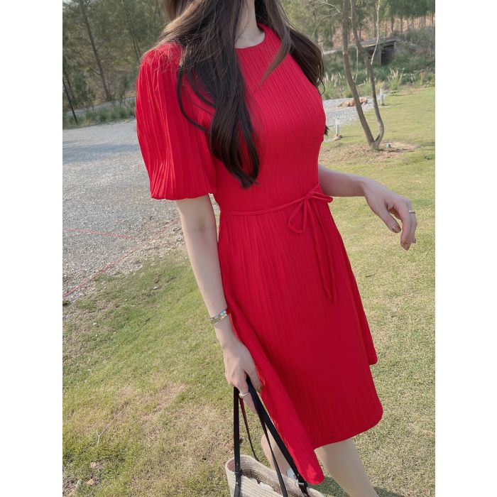 STRIPED CRUNCHY  TIE WAIST DRESS-RED-M