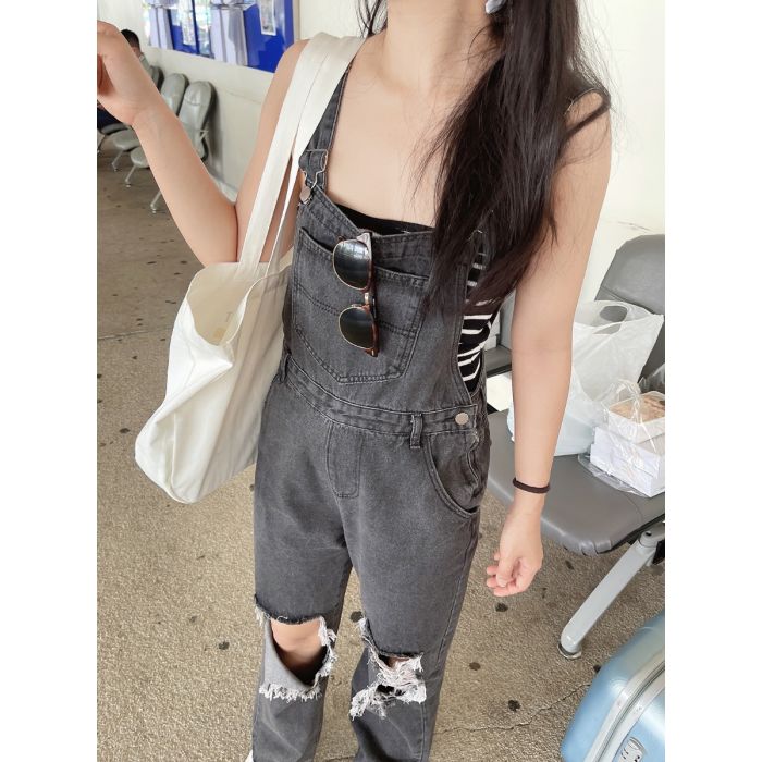 CHARCOAL RIPPED DENIM DUNGAREES-L