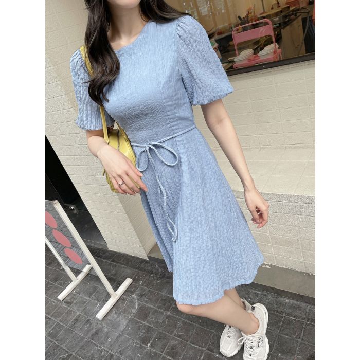 CRUNCHY TIE WAIST CHIFFON DRESS-SKY-L