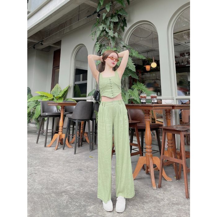 SUNDAY BRUNCH LINEN TOP & PANTS SET-MATCHA