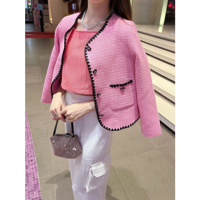 LOVELY BOW BUTTON TWEED JACKET-PINK