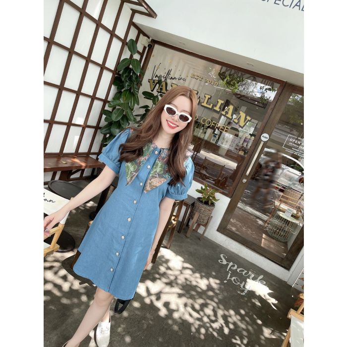 VINTAGE ROSE COLLAR DENIM DRESS-BLUE