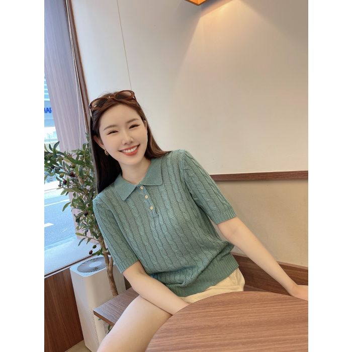 SIMPLE BRAID KNIT BLOUSE-BLUE