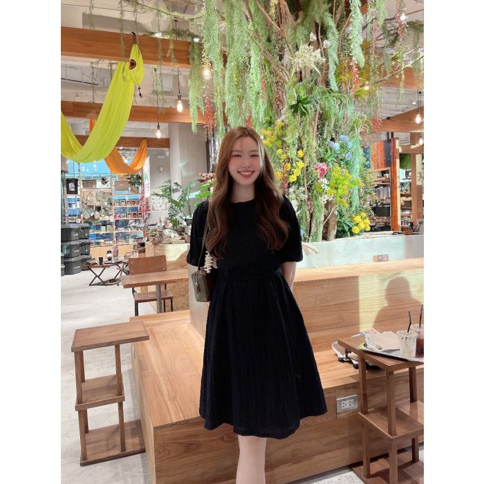 CRUNCHY TIE WAIST CHIFFON DRESS-BLACK-M