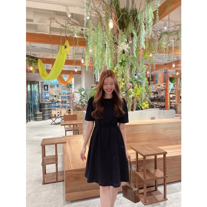 CRUNCHY TIE WAIST CHIFFON DRESS-BLACK-S