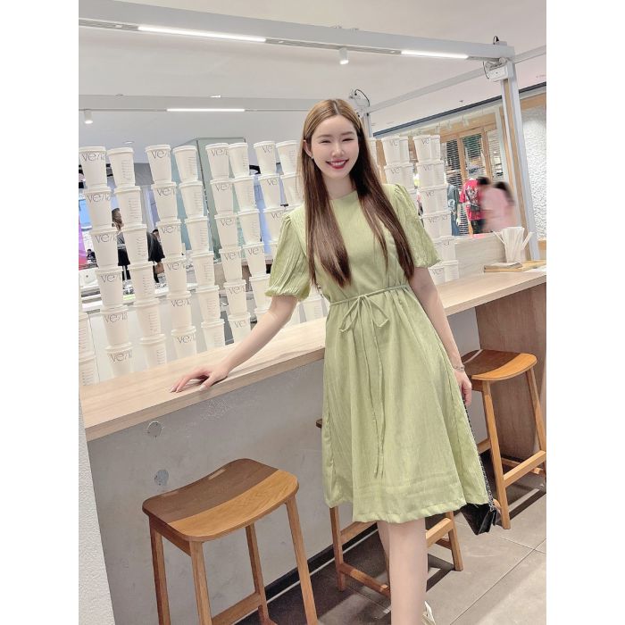 CRUNCHY TIE WAIST CHIFFON DRESS-CUCUMBER-L