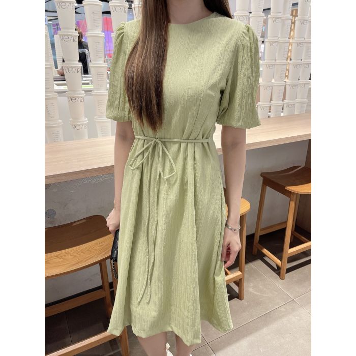 CRUNCHY TIE WAIST CHIFFON DRESS-CUCUMBER-M