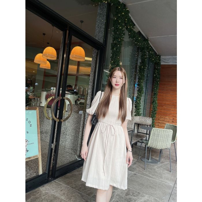 CRUNCHY TIE WAIST CHIFFON DRESS-CREAM-M