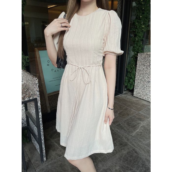 CRUNCHY TIE WAIST CHIFFON DRESS-CREAM-L